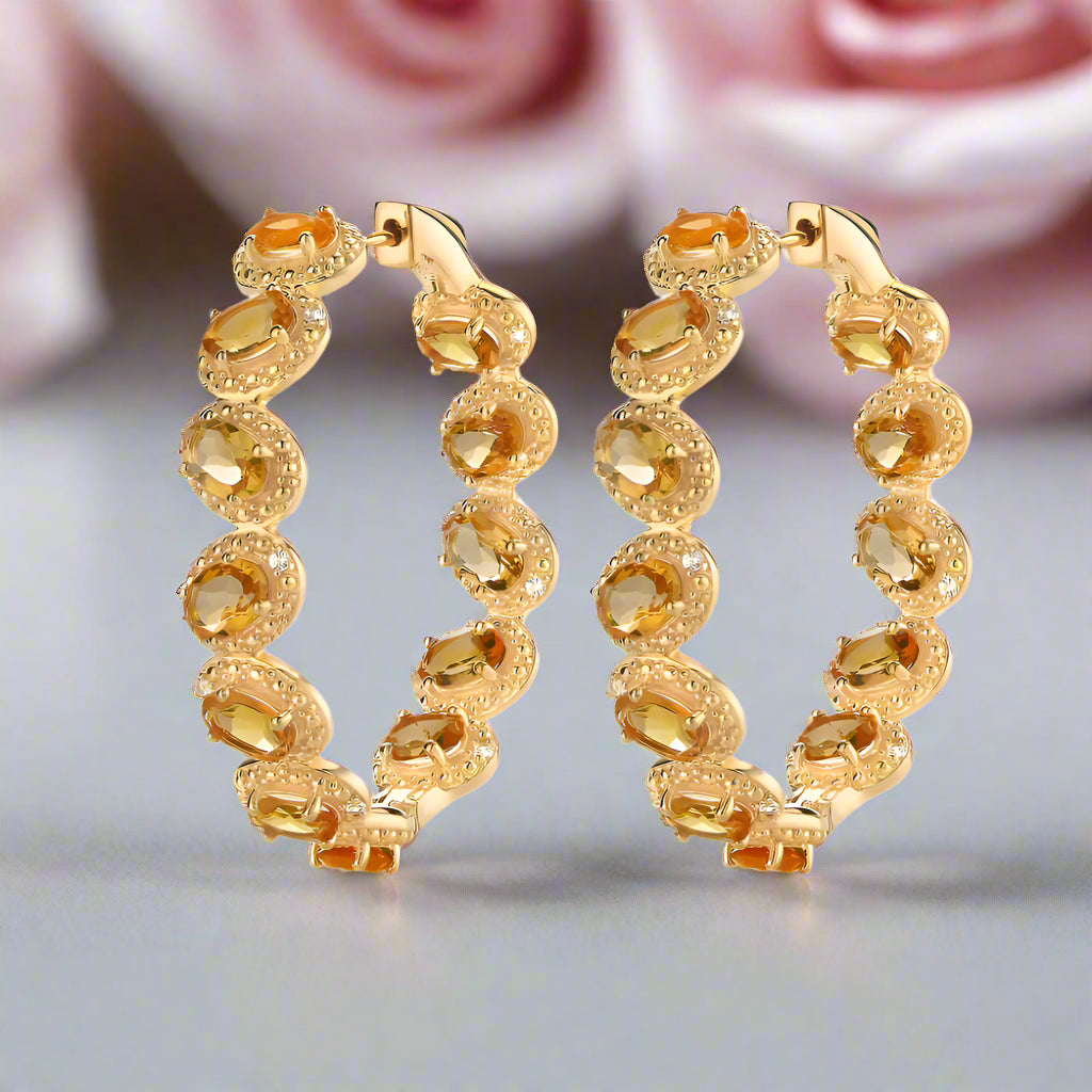 Oval-cut Natural Citrine Gemstone Vintage Hoop Earrings-Black Diamonds New York