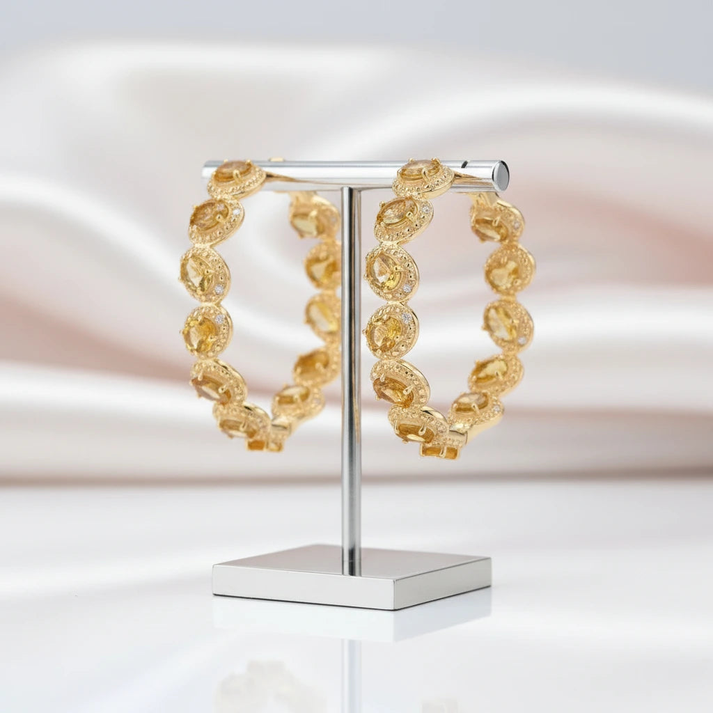Oval-cut Citrine Gemstone Vintage Hoop Earrings-Black Diamonds New York