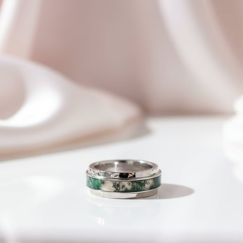 Moss Agate Hammered Wedding Band-Black Diamonds New York