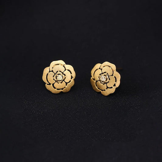 18k Yellow Gold Natural Diamond Camellia Earrings-Black Diamonds New York
