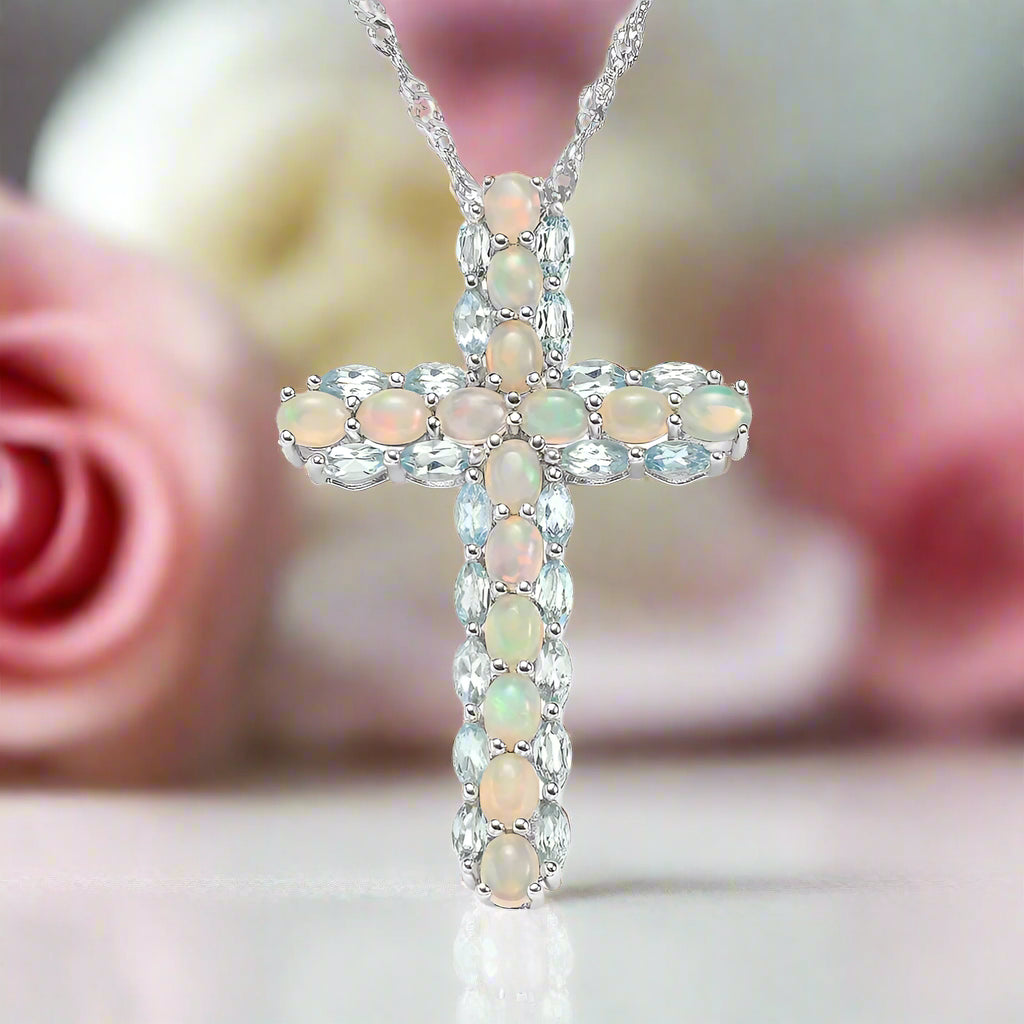 Oval cut Created Opal & Multi Gemstones Cross Pendant Necklace-Black Diamonds New York