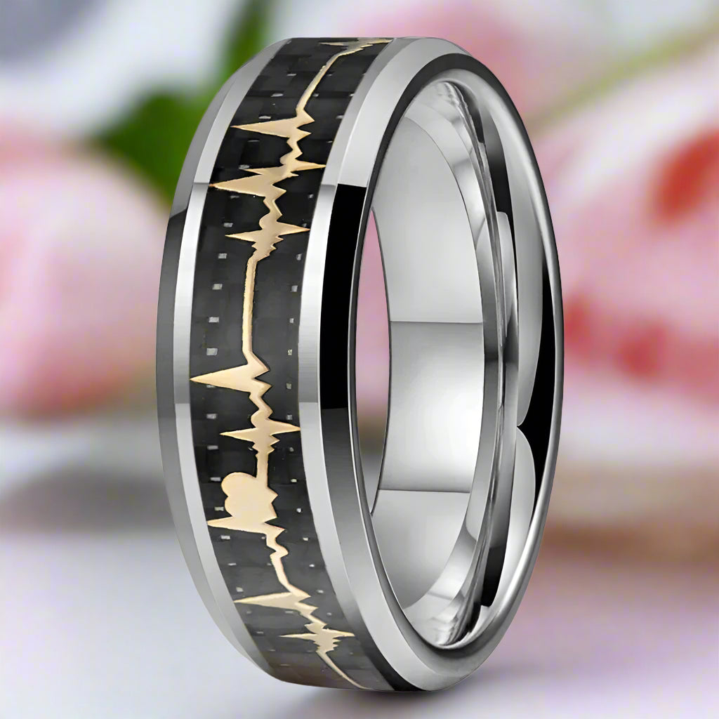 Heart Love Ring with Black Carbon Fiber Inlay Tungsten Men's Ring-Black Diamonds New York