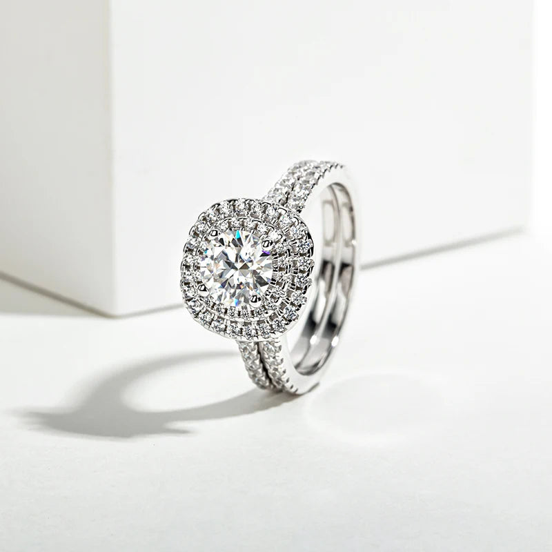 1.0 Ct Round Moissanite Double Halo Engagement Ring Set-Black Diamonds New York