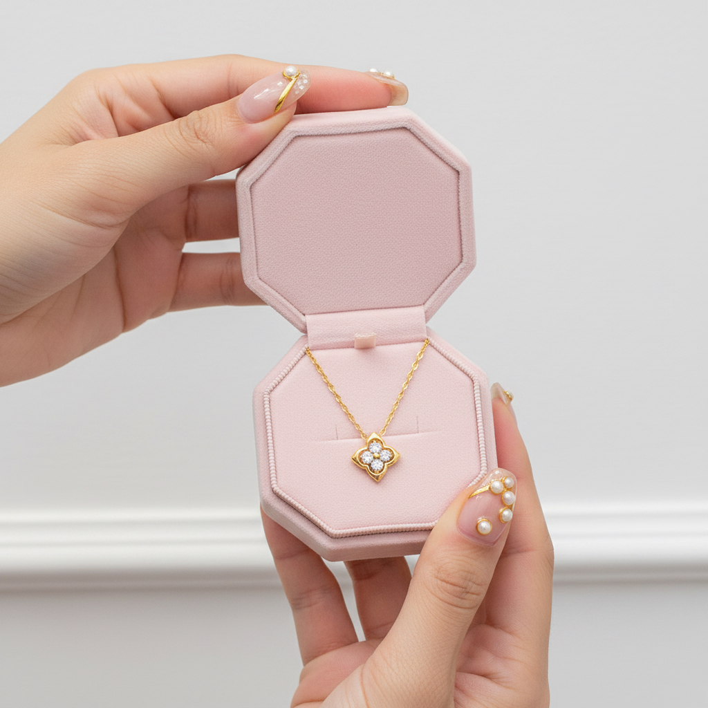 Hand holding a pink jewelry box with a gold necklace featuring a heart-shaped pendant.