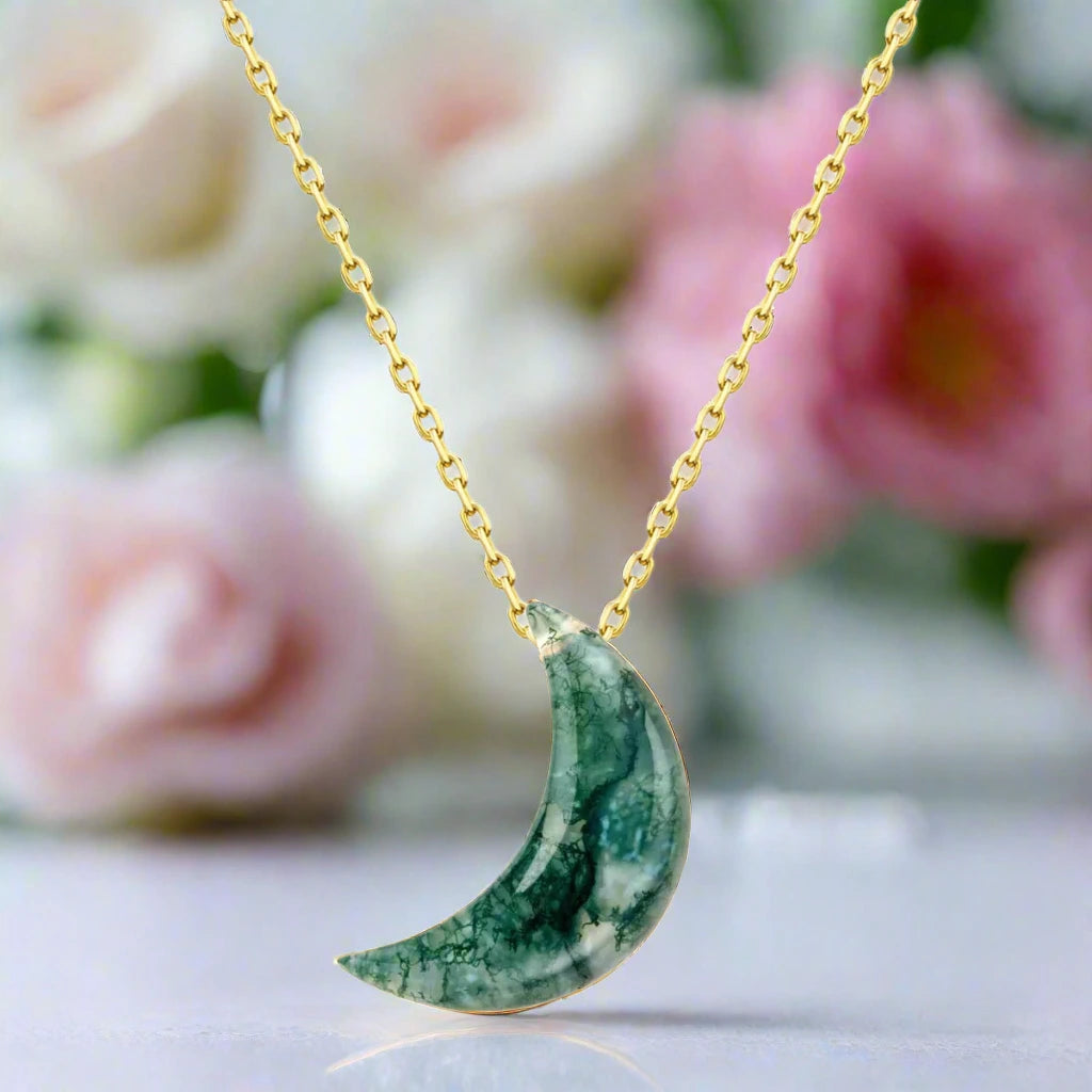 Moon Shaped Moss Agate Necklace-Black Diamonds New York