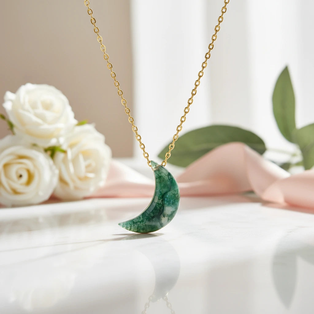 Moon Shaped Moss Agate Necklace-Black Diamonds New York