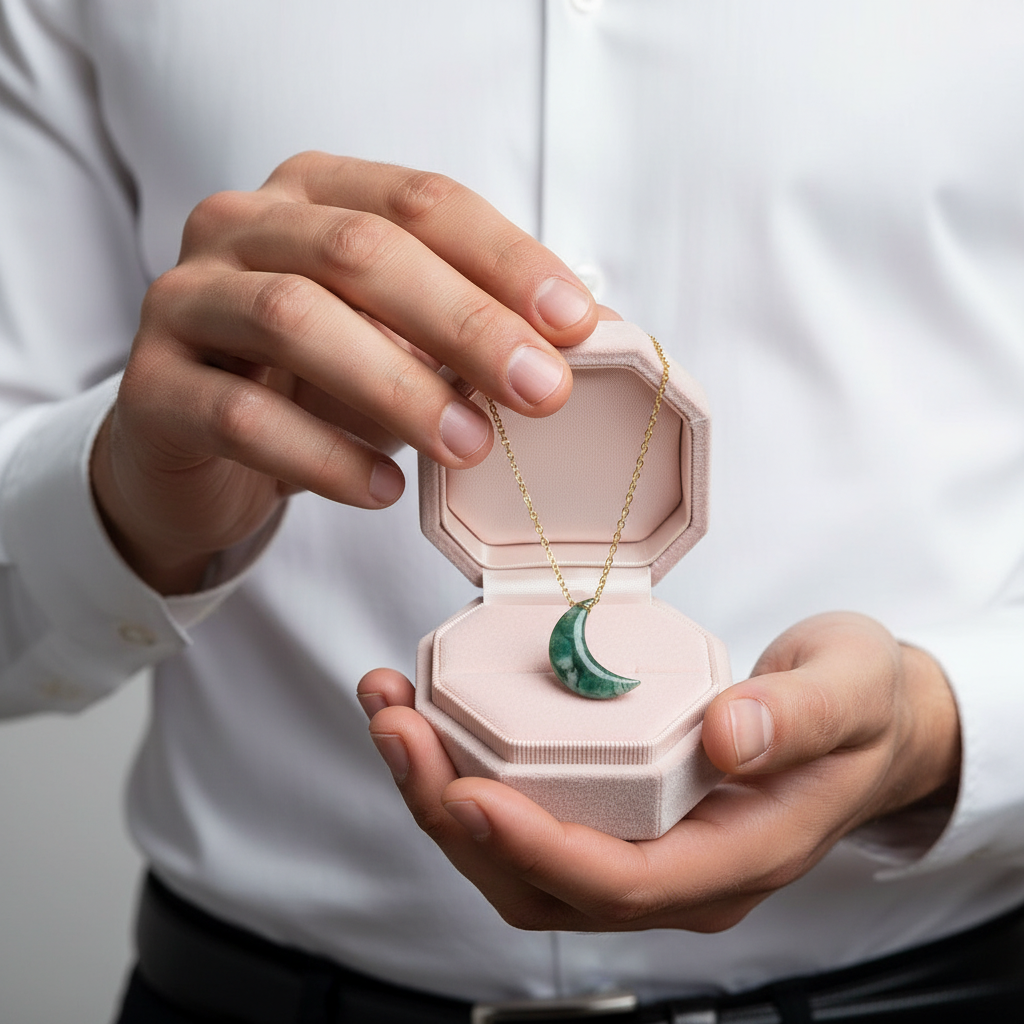 Moon Shaped Moss Agate Necklace-Black Diamonds New York