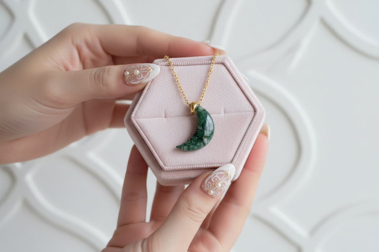 Moon Shaped Moss Agate Necklace-Black Diamonds New York