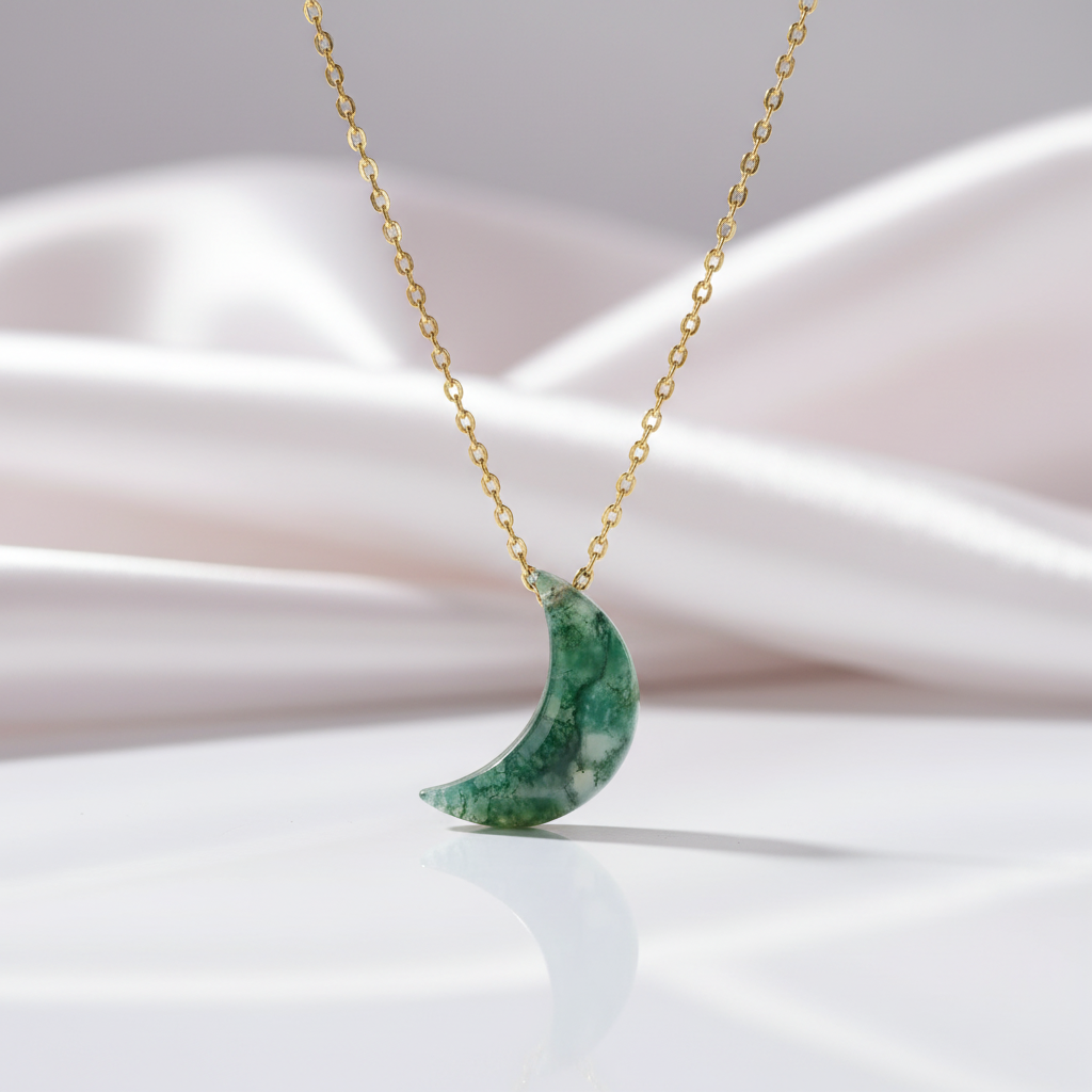 Moon Shaped Moss Agate Necklace-Black Diamonds New York