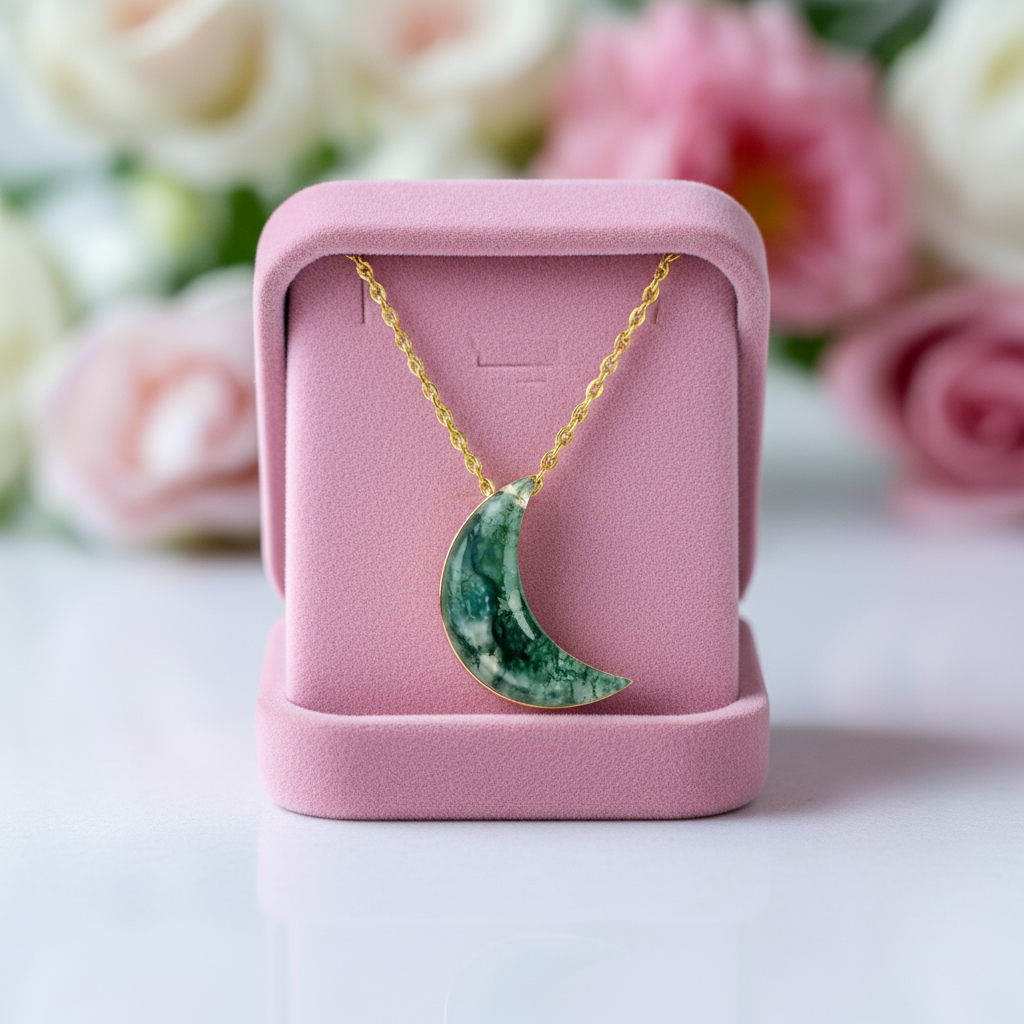 Moon Shaped Moss Agate Necklace-Black Diamonds New York