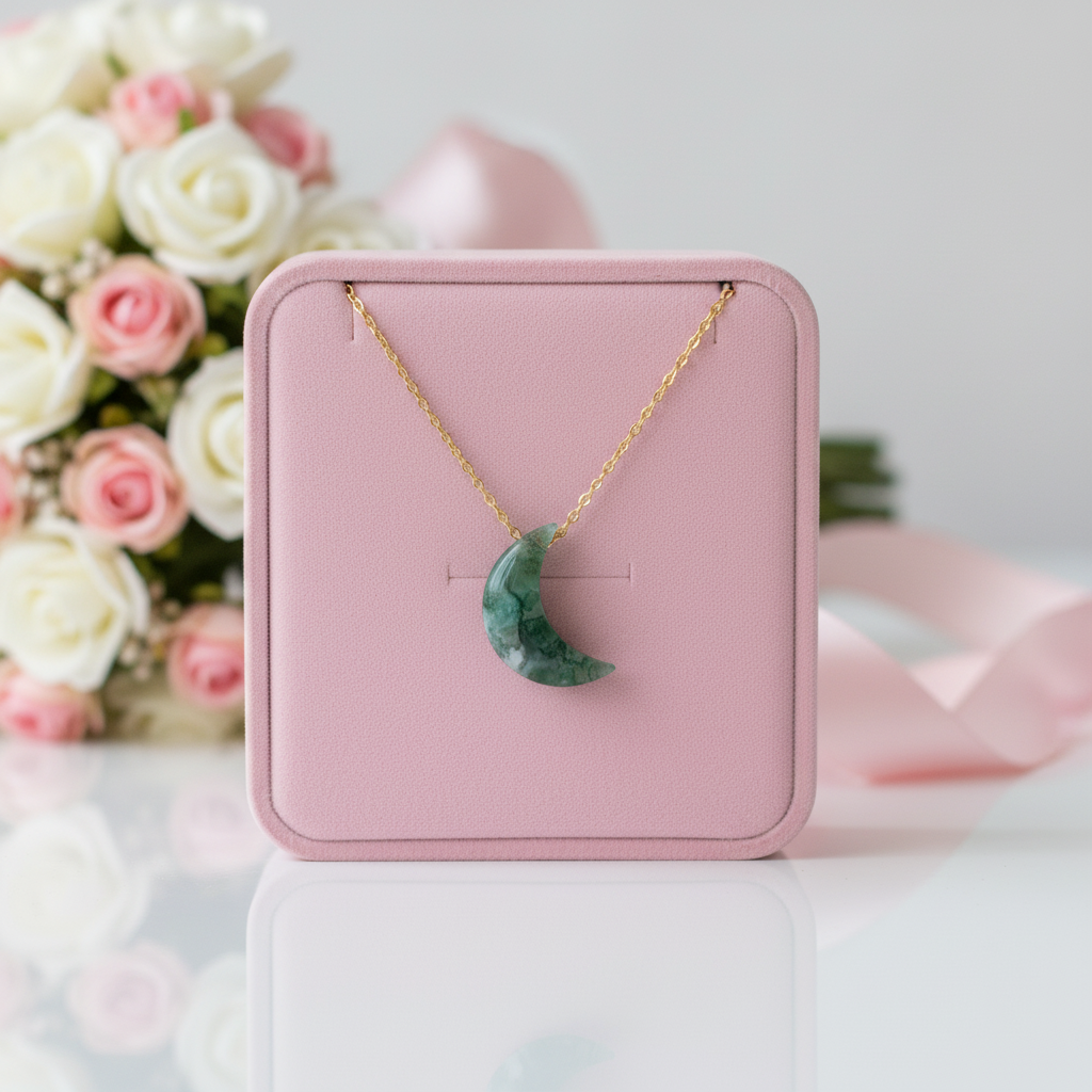 Moon Shaped Moss Agate Necklace-Black Diamonds New York