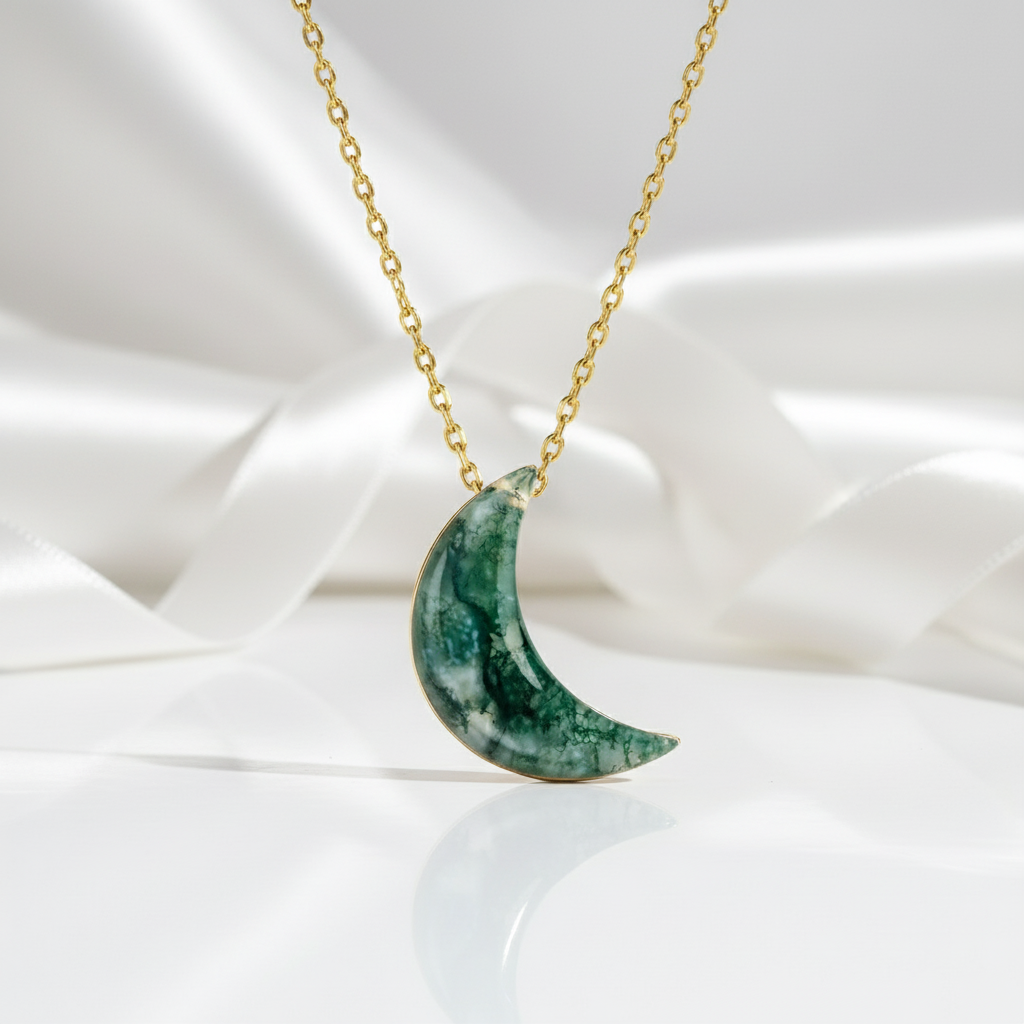 Moon Shaped Moss Agate Necklace-Black Diamonds New York