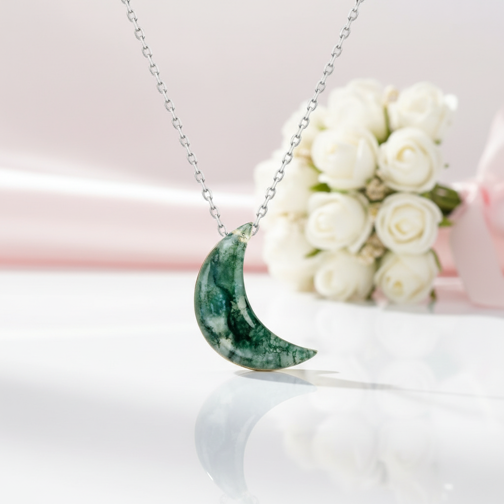 Moon Shaped Moss Agate Necklace-Black Diamonds New York