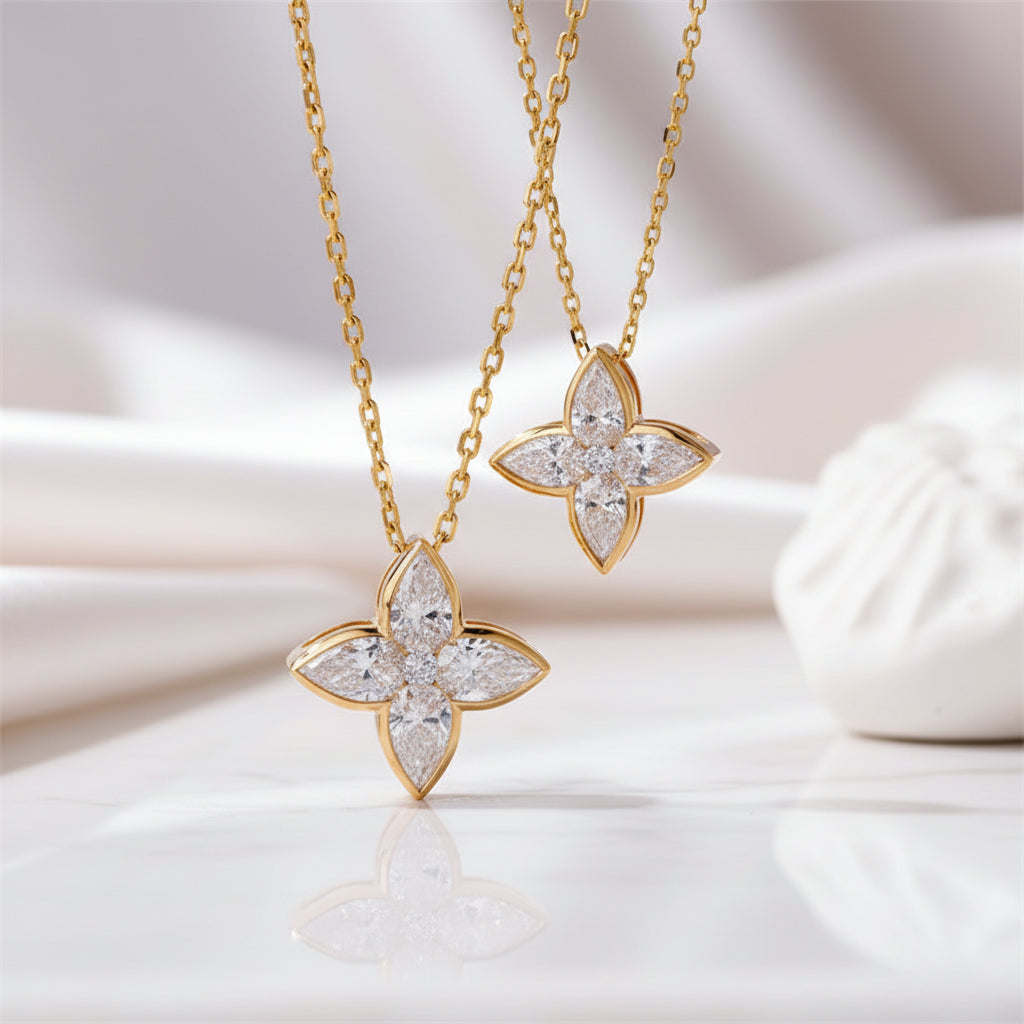 18k Gold Overlay Four-Leaf Clover Certified Moissanite Necklaces-Black Diamonds New York