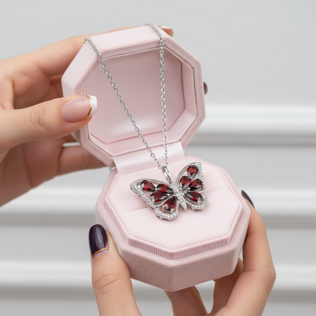 1.9 Ct Pear-cut Ruby Gemstone Butterfly Pendant Necklace-Black Diamonds New York