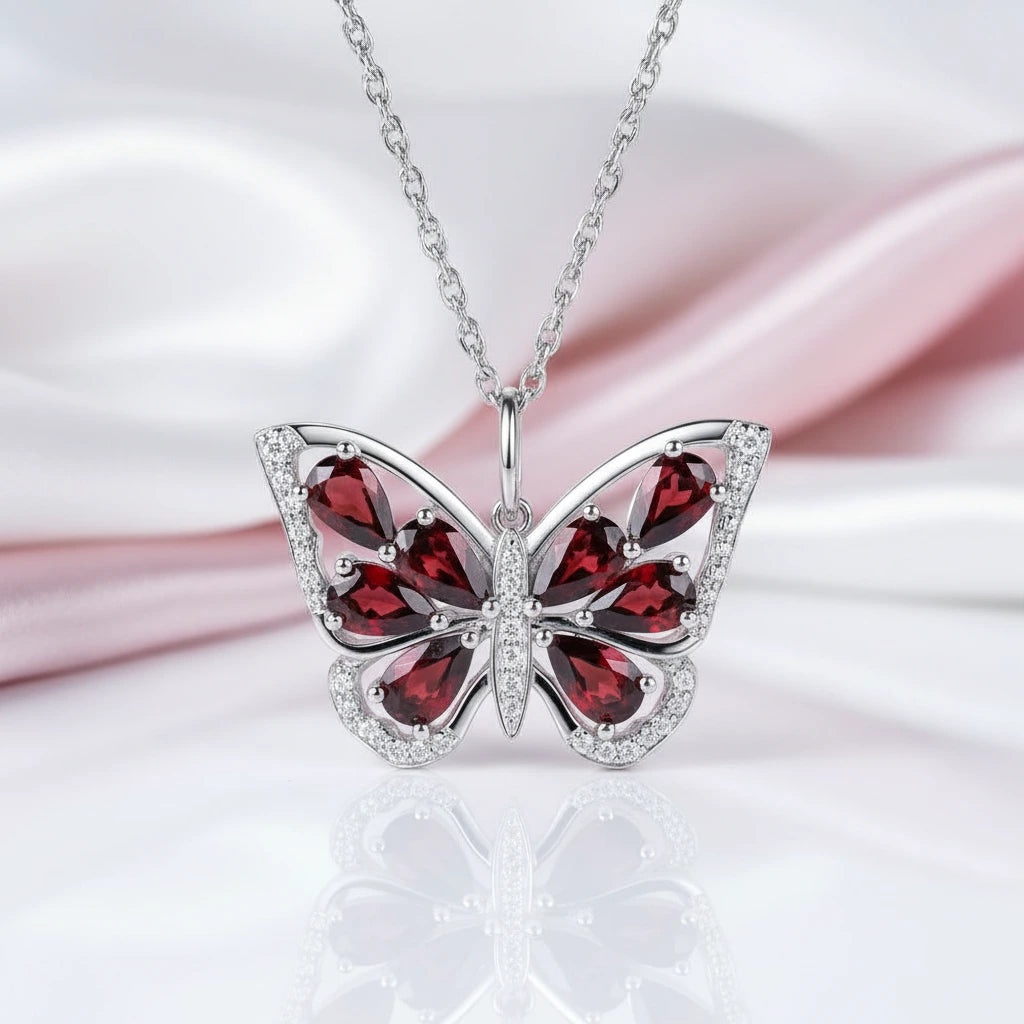 1.9 Ct Pear-cut Blue Topaz Gemstone Butterfly Pendant Necklace-Black Diamonds New York