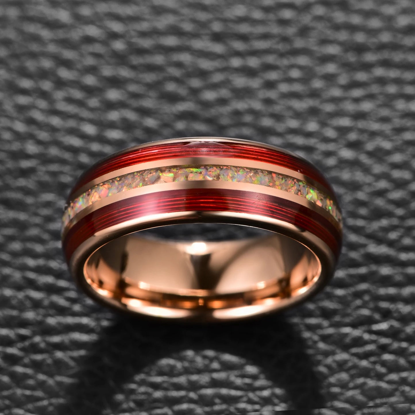 Rose Gold Men's Tungsten Wedding Band with Red Guitar String & Opal Inlay-Black Diamonds New York