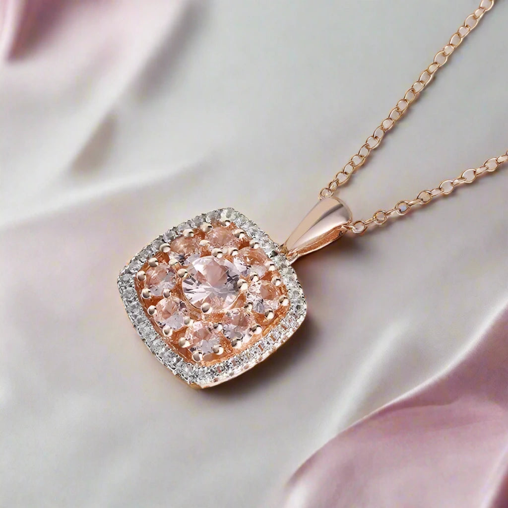 Round-cut Morganite Halo Rose Gold Necklace-Black Diamonds New York