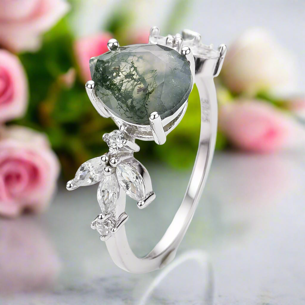 Classic Pear-cut Moss Agate Cluster Ring with Marquise-cut Side Stones-Black Diamonds New York