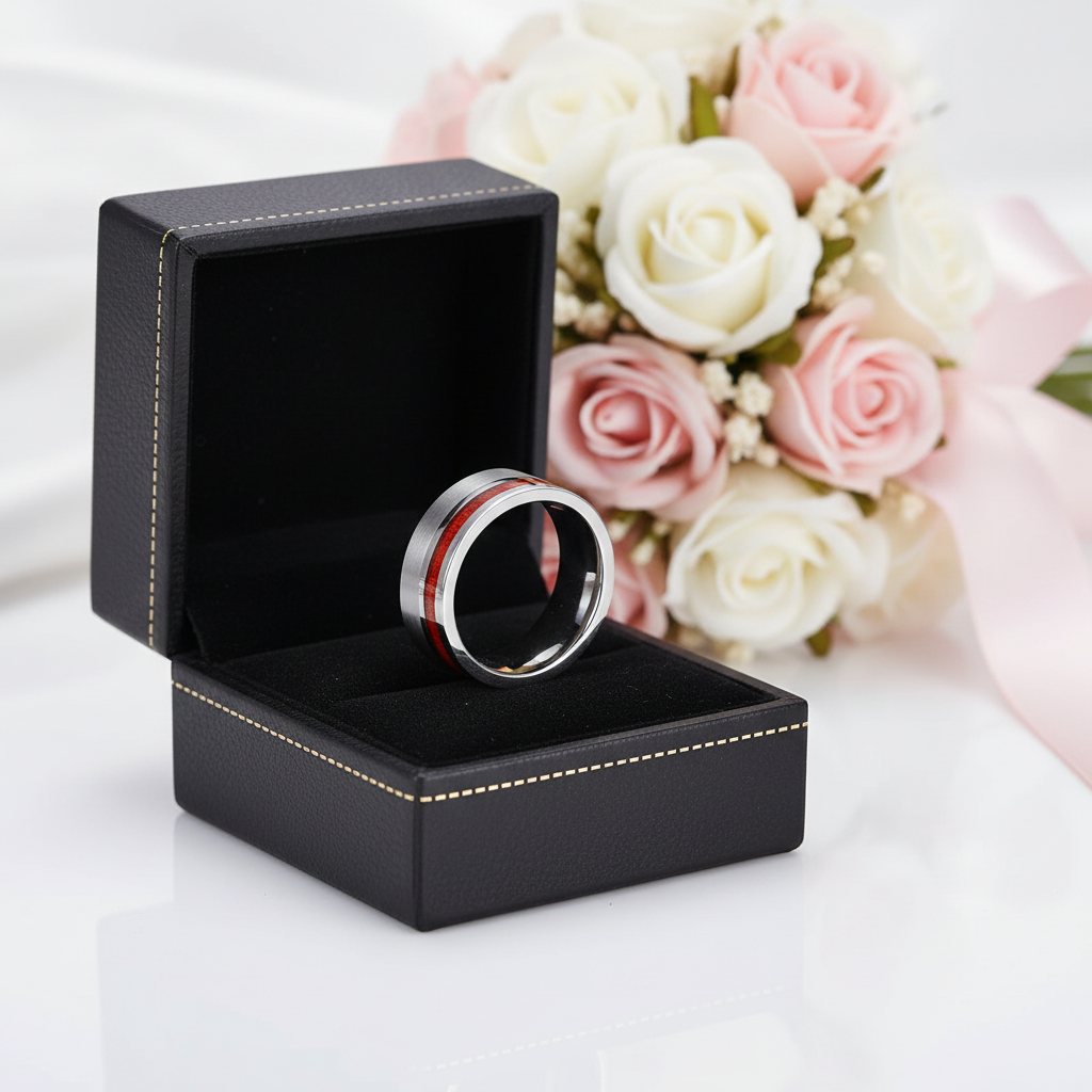 Silver ring in a black box with flowers in the background