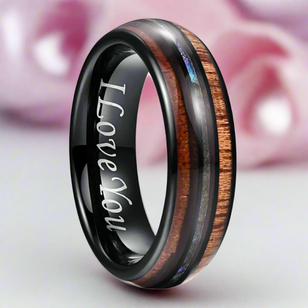 Wood Inlay Brushed Finished Tungsten Carbide Men's Ring-Black Diamonds New York