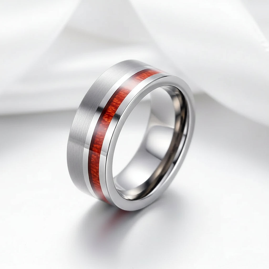 Wood Inlay Brushed Finished Tungsten Carbide Men's Ring-Black Diamonds New York