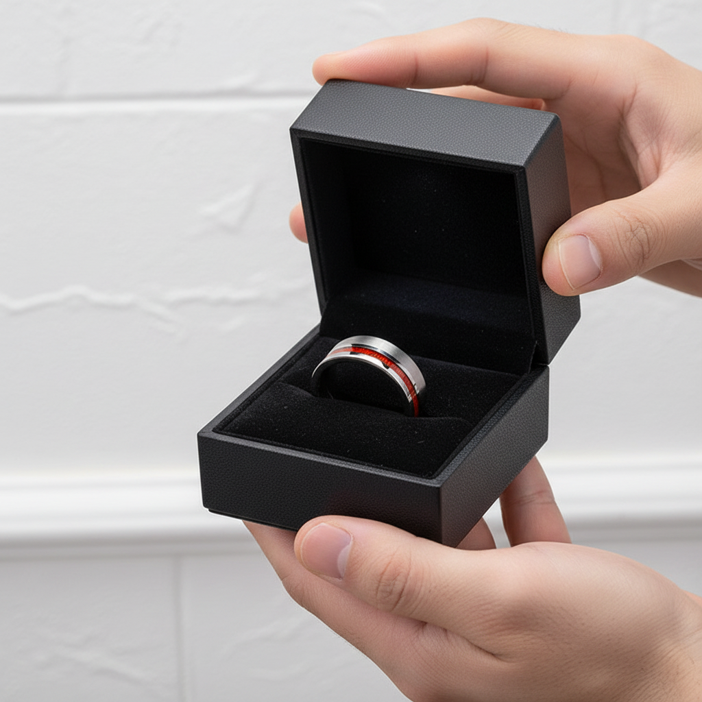 Hand holding a black box with a ring inside against a white background