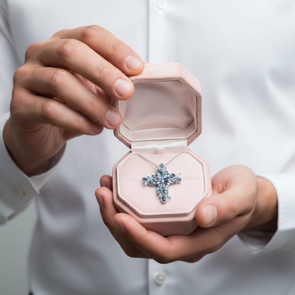 Person holding a pink jewelry box with a blue cross necklace inside