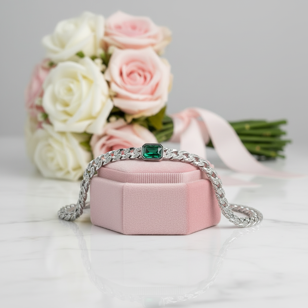 Green Cushion-cut Stone Cuban Clavicle Chain Necklace-Black Diamonds New York