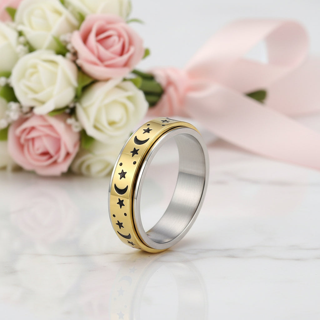 Star and Moon Titanium Steel Rotatable Luminous Ring-Black Diamonds New York