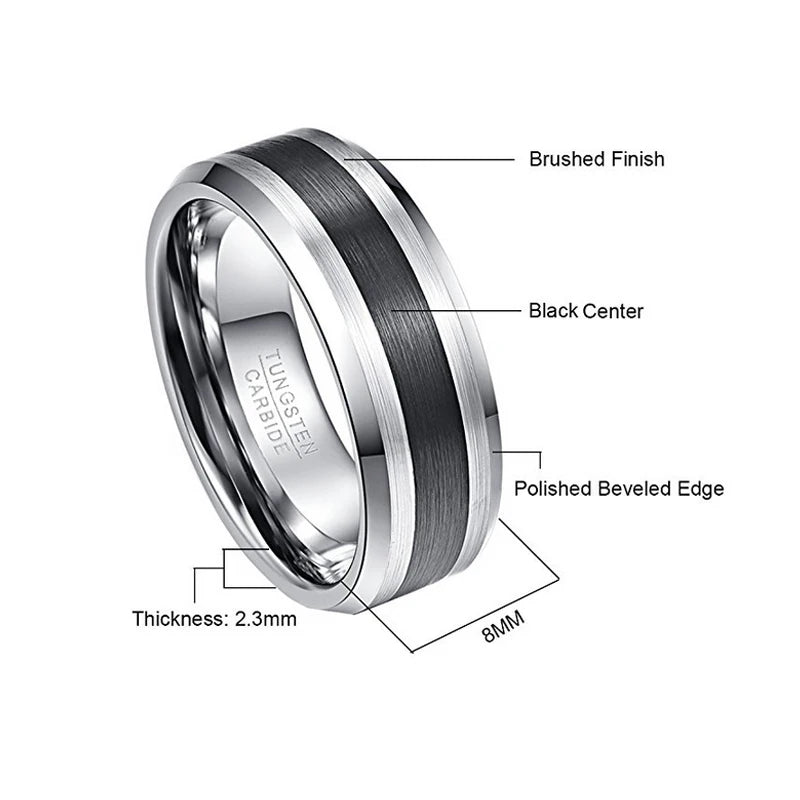 8mm Brushed Finish and Black Center Beveled Edge Ring Band-Black Diamonds New York