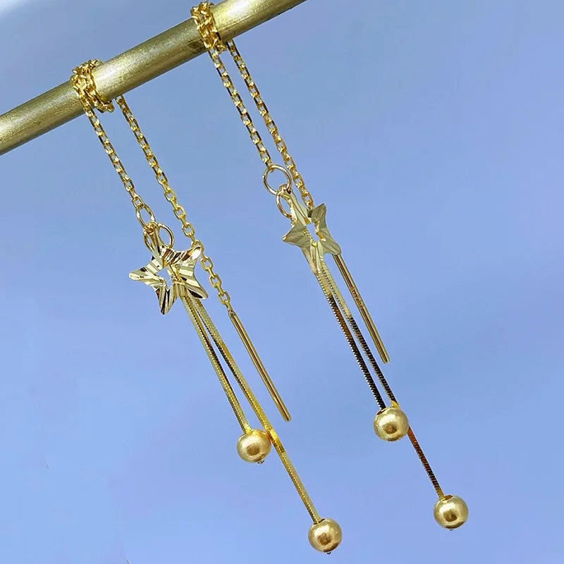 18k Yellow Gold Star Tassel Drop Earrings-Black Diamonds New York