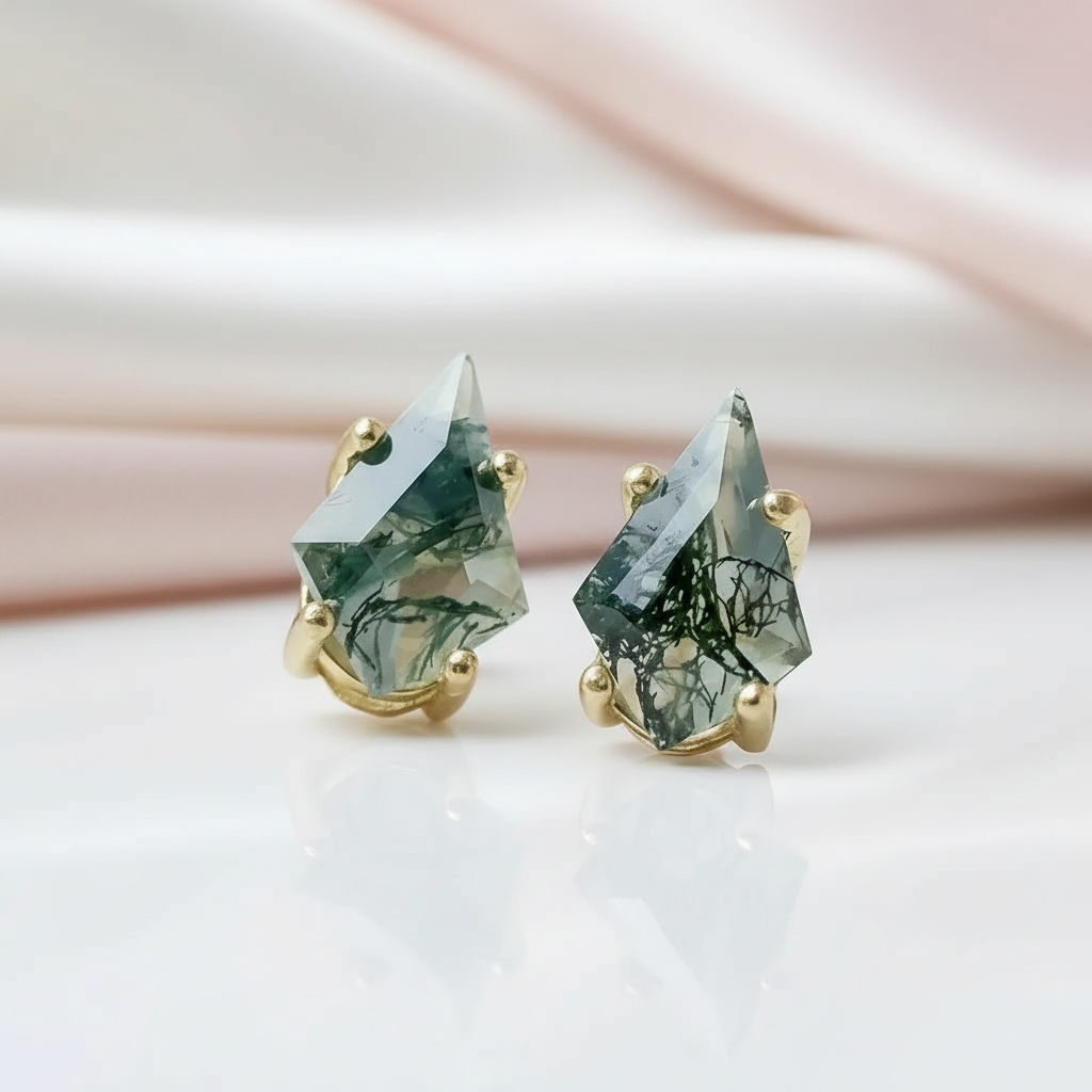 Kite Shaped Green Moss Agate Earrings-Black Diamonds New York