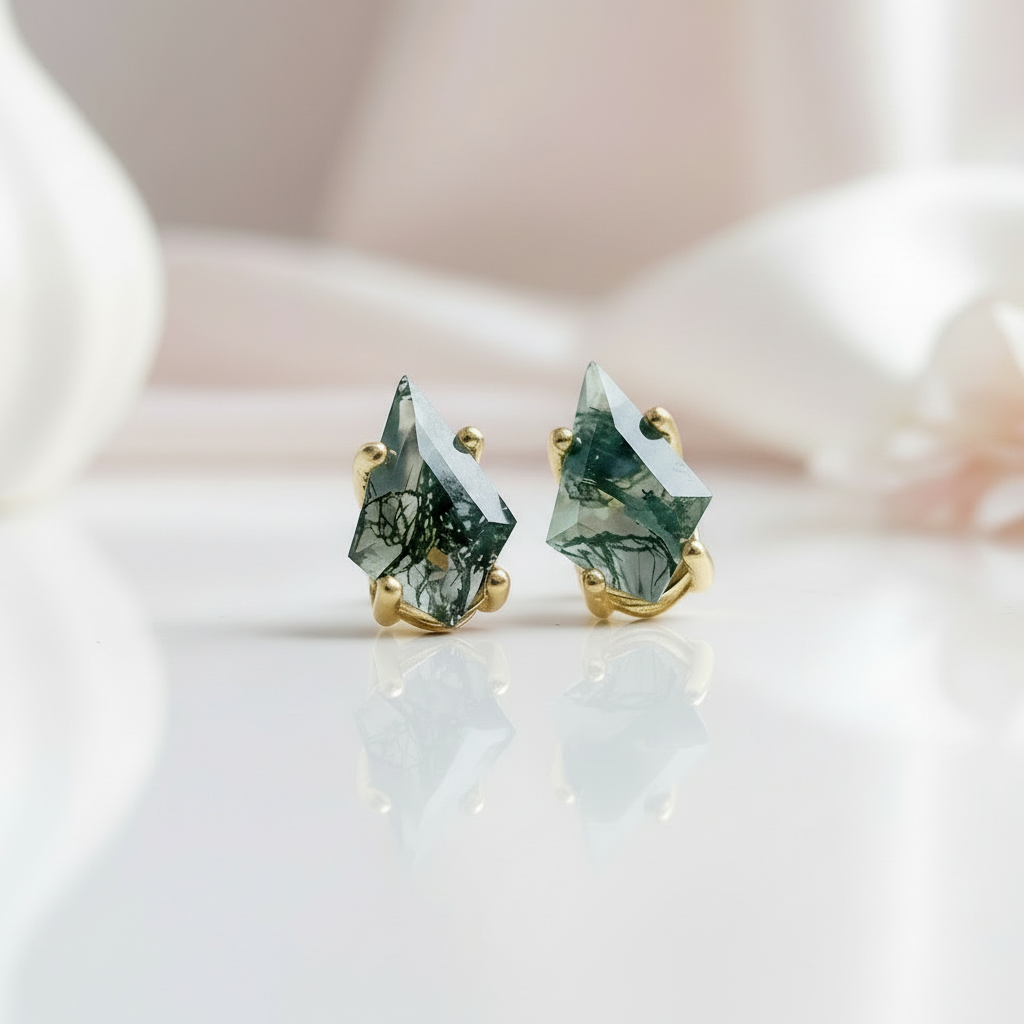 Kite Shaped Green Moss Agate Earrings-Black Diamonds New York