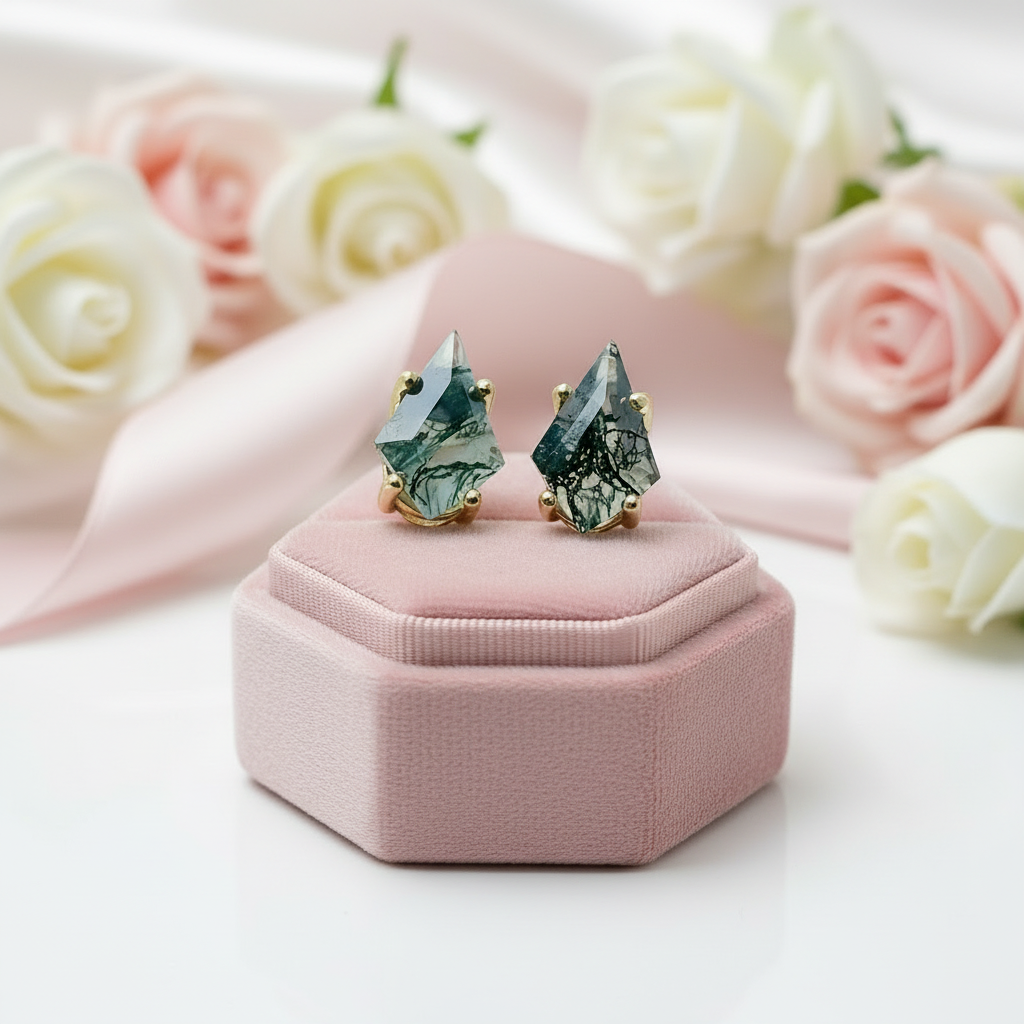 Kite Shaped Green Moss Agate Earrings-Black Diamonds New York