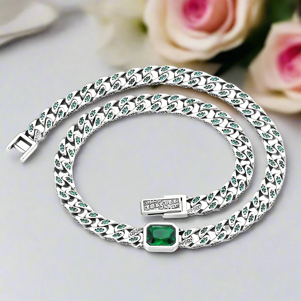 Green Cushion-cut Stone Cuban Clavicle Chain Necklace-Black Diamonds New York