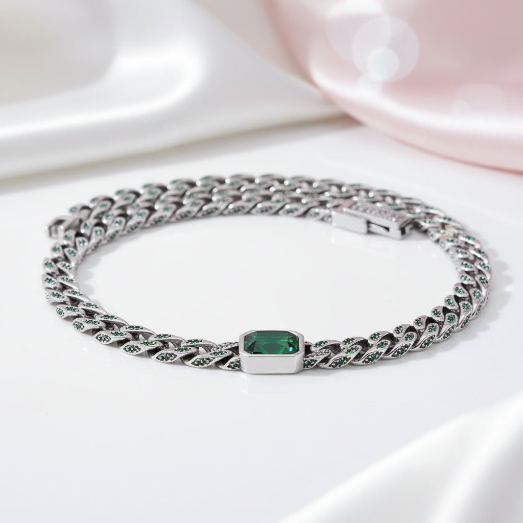 Green Cushion-cut Stone Cuban Clavicle Chain Necklace-Black Diamonds New York