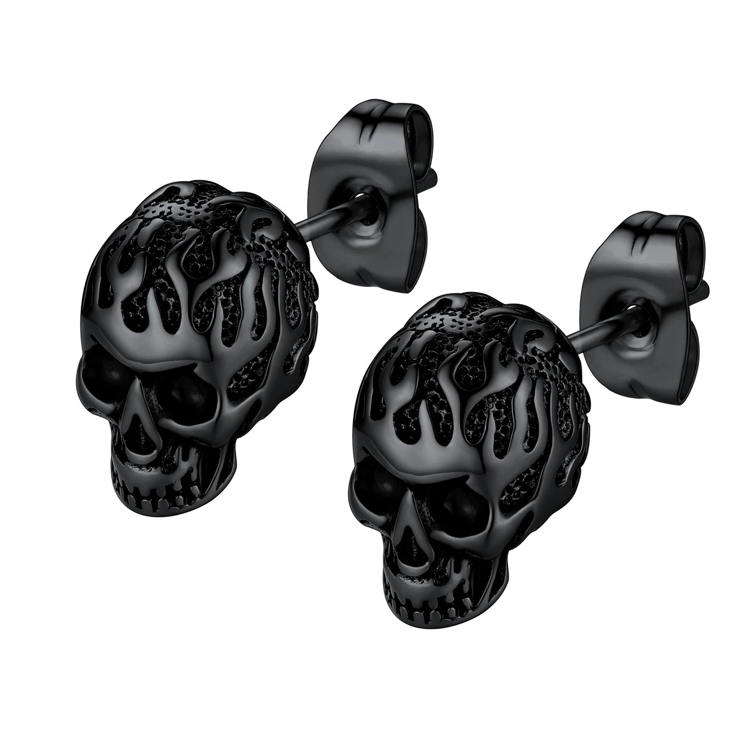 Flame Skull Gothic Unisex Stud Earrings-Black Diamonds New York