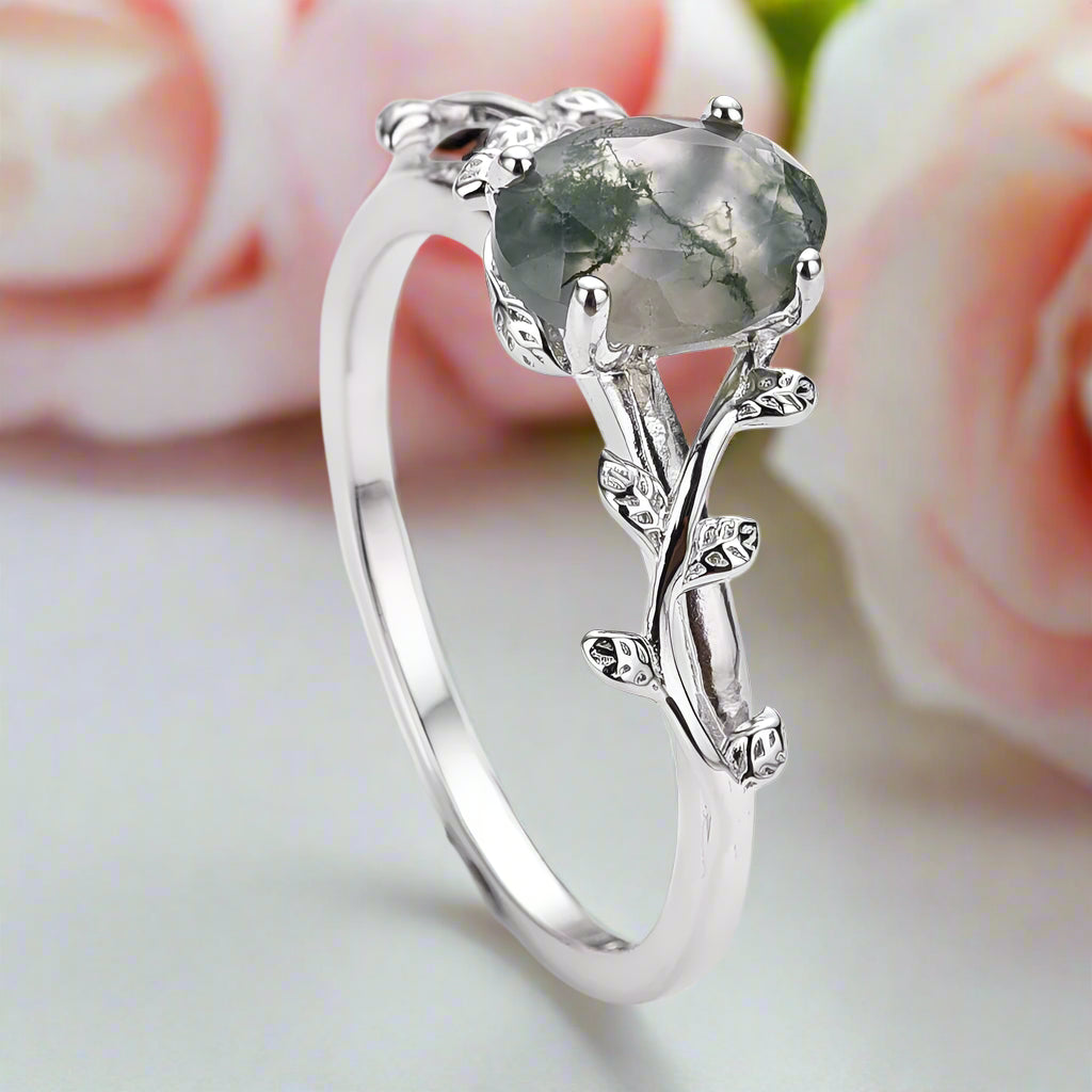 Leaf Branch Oval Moss Agate Cocktail Ring-Black Diamonds New York