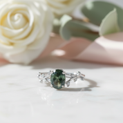 Leaf Branch Oval Moss Agate Cocktail Ring-Black Diamonds New York