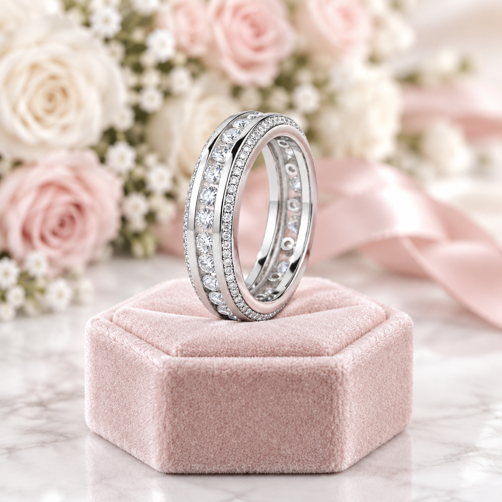 A silver-toned eternity ring set with clear round and round-cut stones, displayed on a pink velvet ring box with a soft-focus floral background of pink roses and white baby's breath.