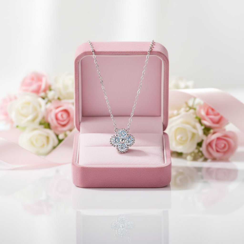 Platinum Overlay Four-Leaf Clover Certified Moissanite Necklaces-Black Diamonds New York