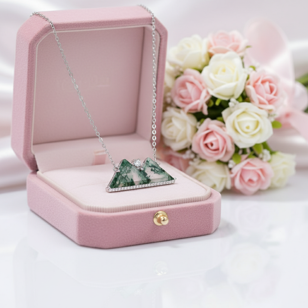 Green Moss Agate Mountain Necklace with Diamond Option-Black Diamonds New York