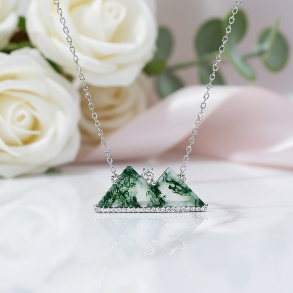 Green Moss Agate Mountain Necklace with Diamond-Black Diamonds New York