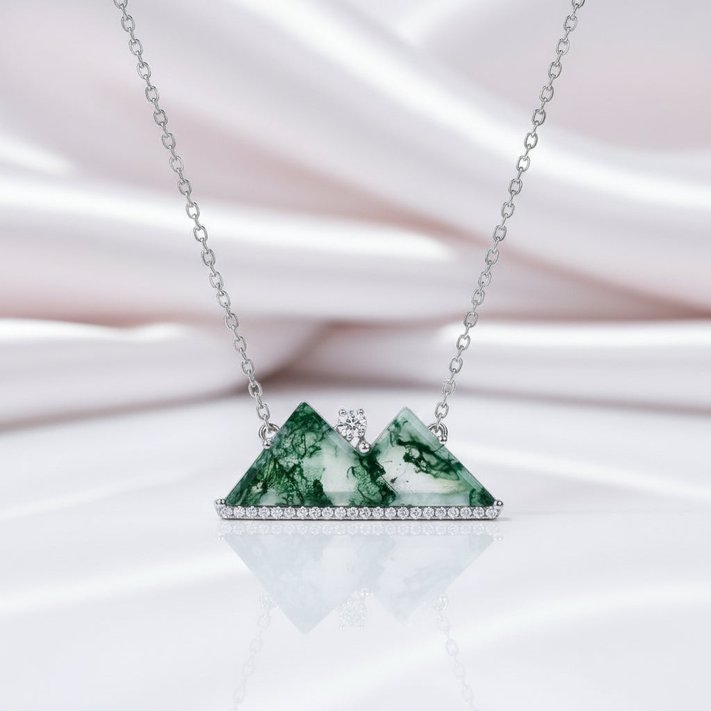 Green Moss Agate Mountain Necklace with Diamond Option-Black Diamonds New York