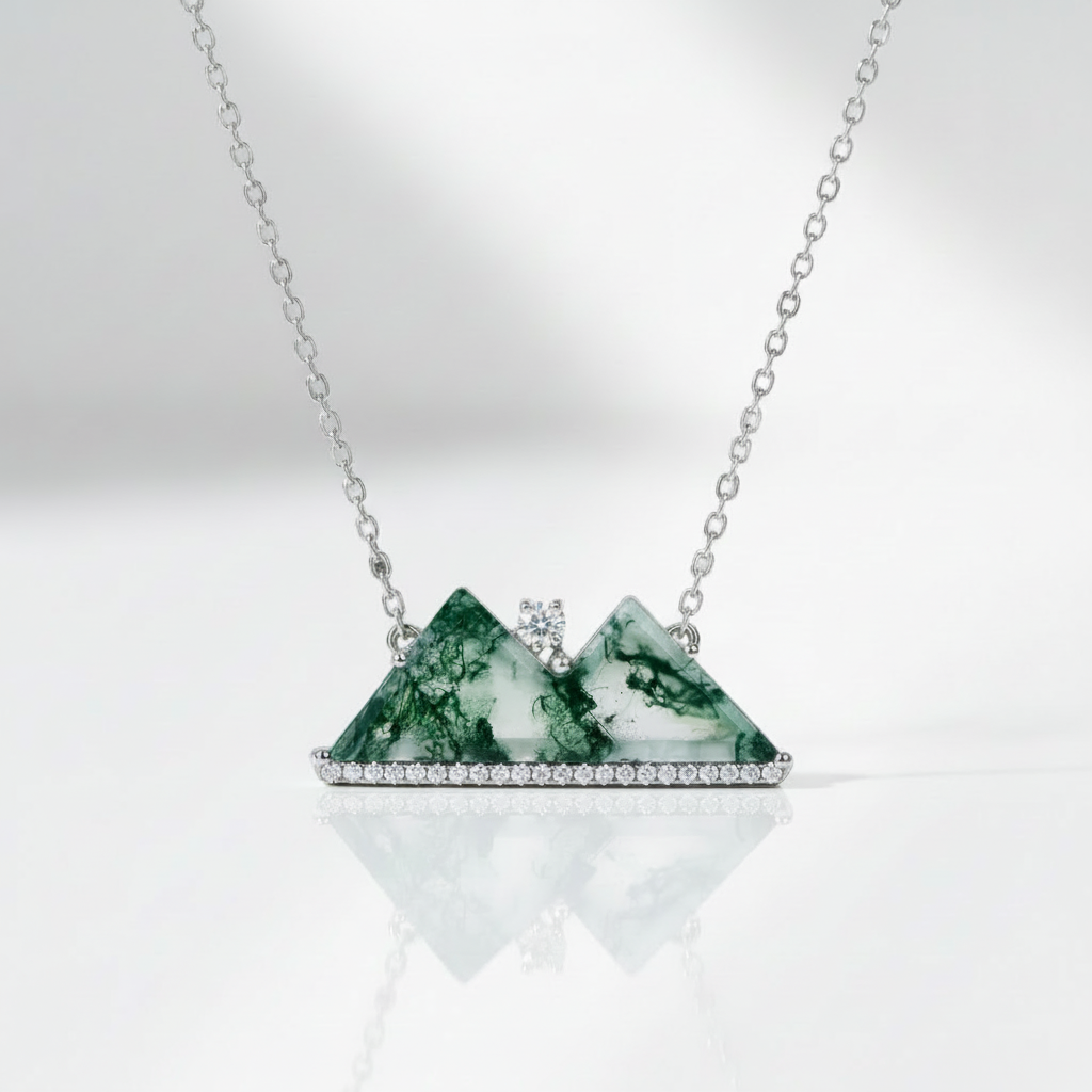 Green Moss Agate Mountain Necklace with Diamond Option-Black Diamonds New York