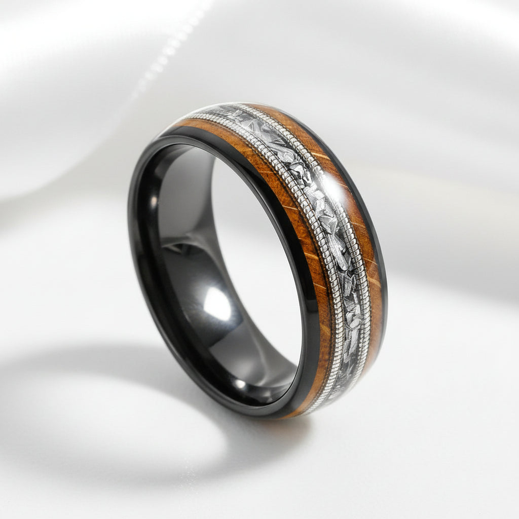 Whiskey Barrel Wood and Guitar Strings Inlay Tungsten Carbide Ring-Black Diamonds New York