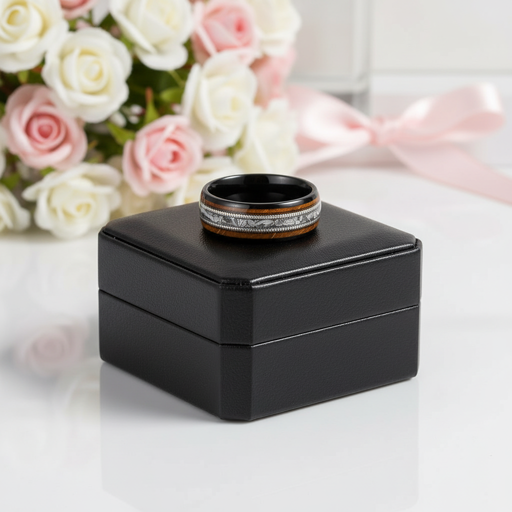 Whiskey Barrel Wood and Guitar Strings Inlay Tungsten Carbide Ring-Black Diamonds New York