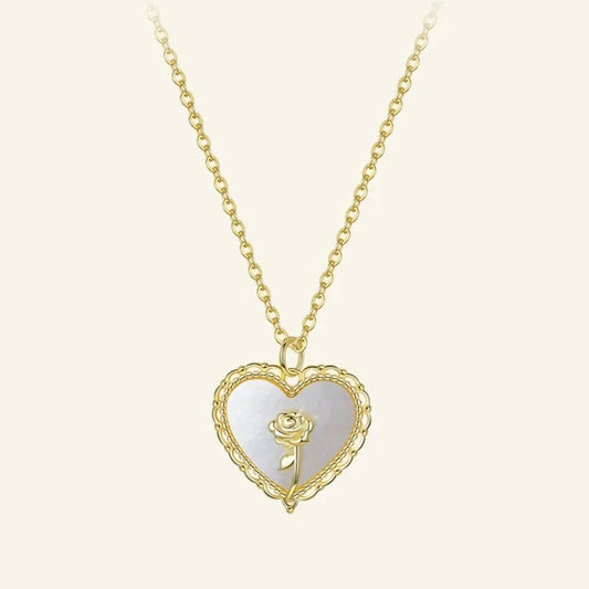Heart-Shaped Shell Pendant with Rose Necklace-Black Diamonds New York