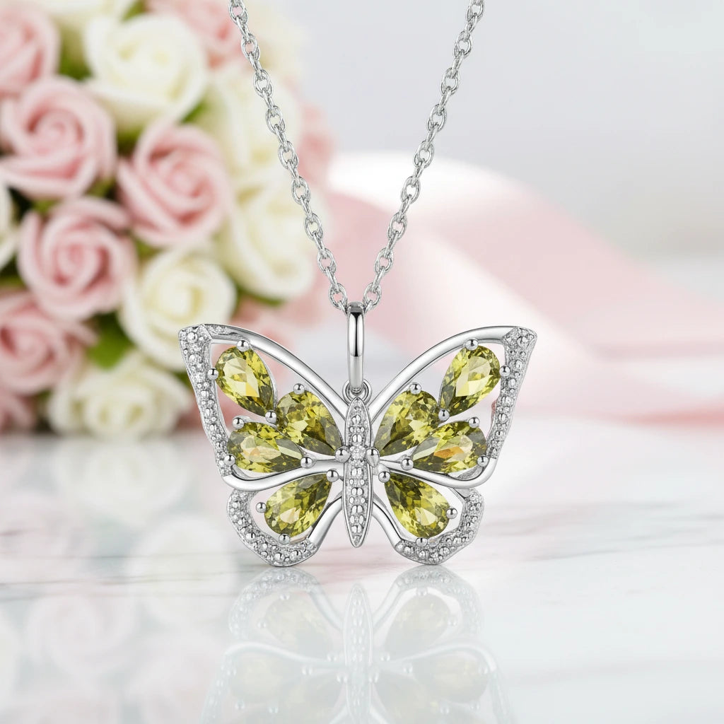 1.9 Ct Pear-cut Blue Topaz Gemstone Butterfly Pendant Necklace-Black Diamonds New York